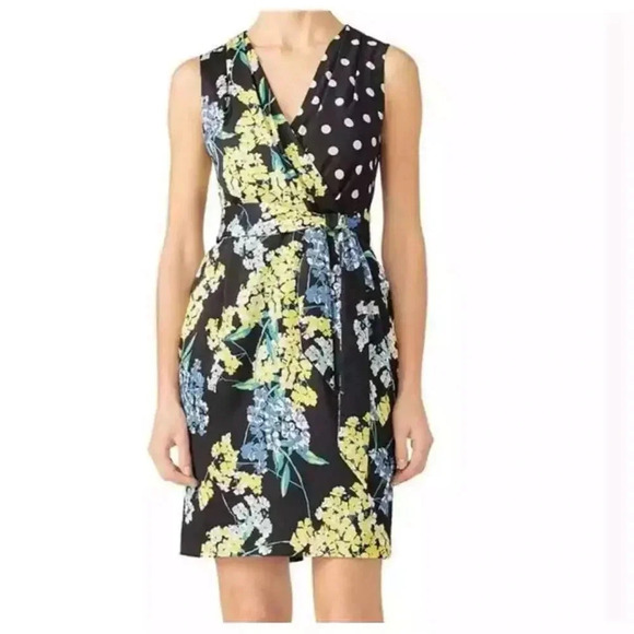 Slate & Willow Yellow Mixed-Media Floral Polka Dot Faux-Wrap Sheath V-neck 12 - Picture 1 of 16